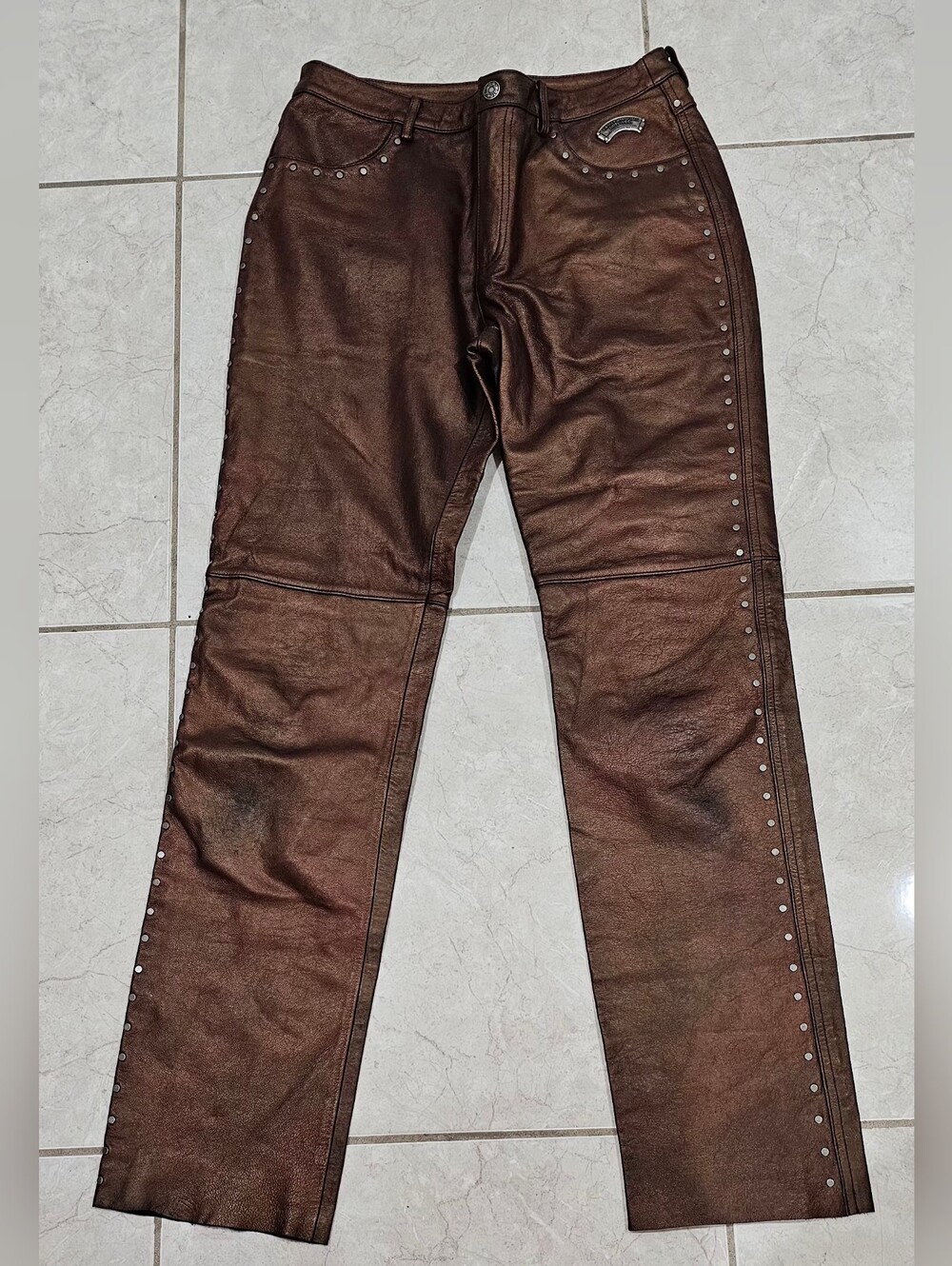 Harley-Davidson Womens Bronze Leather Pants with Stud Trimnts